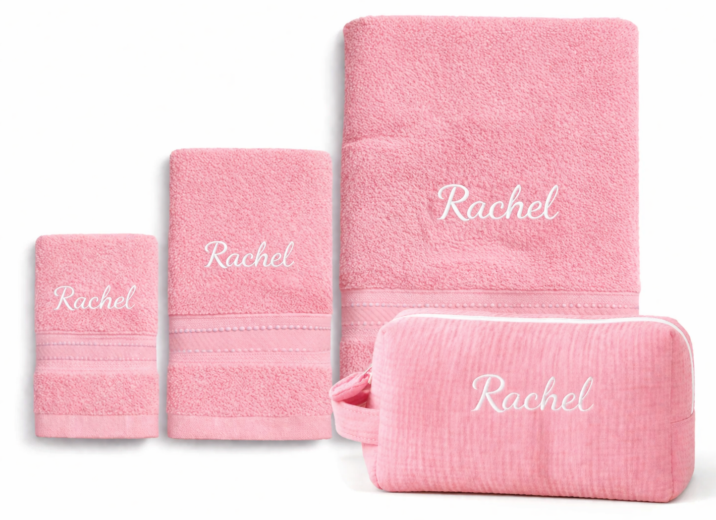 Serviettes personnalisées Rachel roses avec trousse de toilette  brodée élégant
