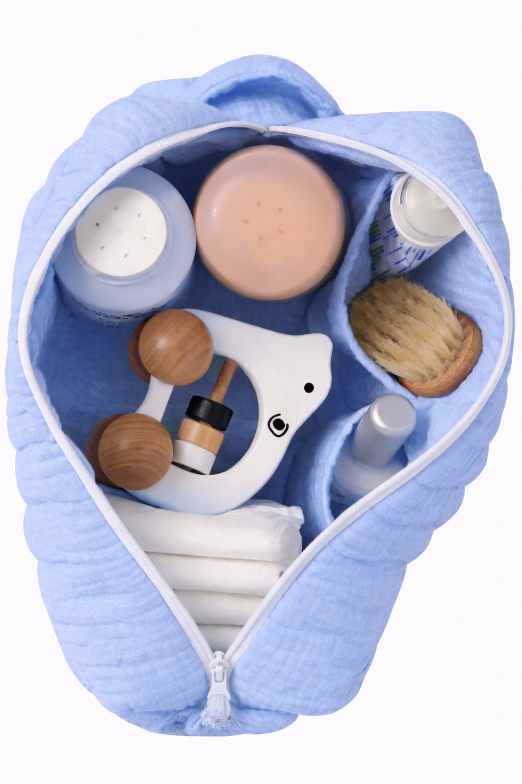 Trousse bébé brodée personnalisée – Gaze de coton, trousse toilette bébé, rangement sac à langer, cadeau naissance bleu 