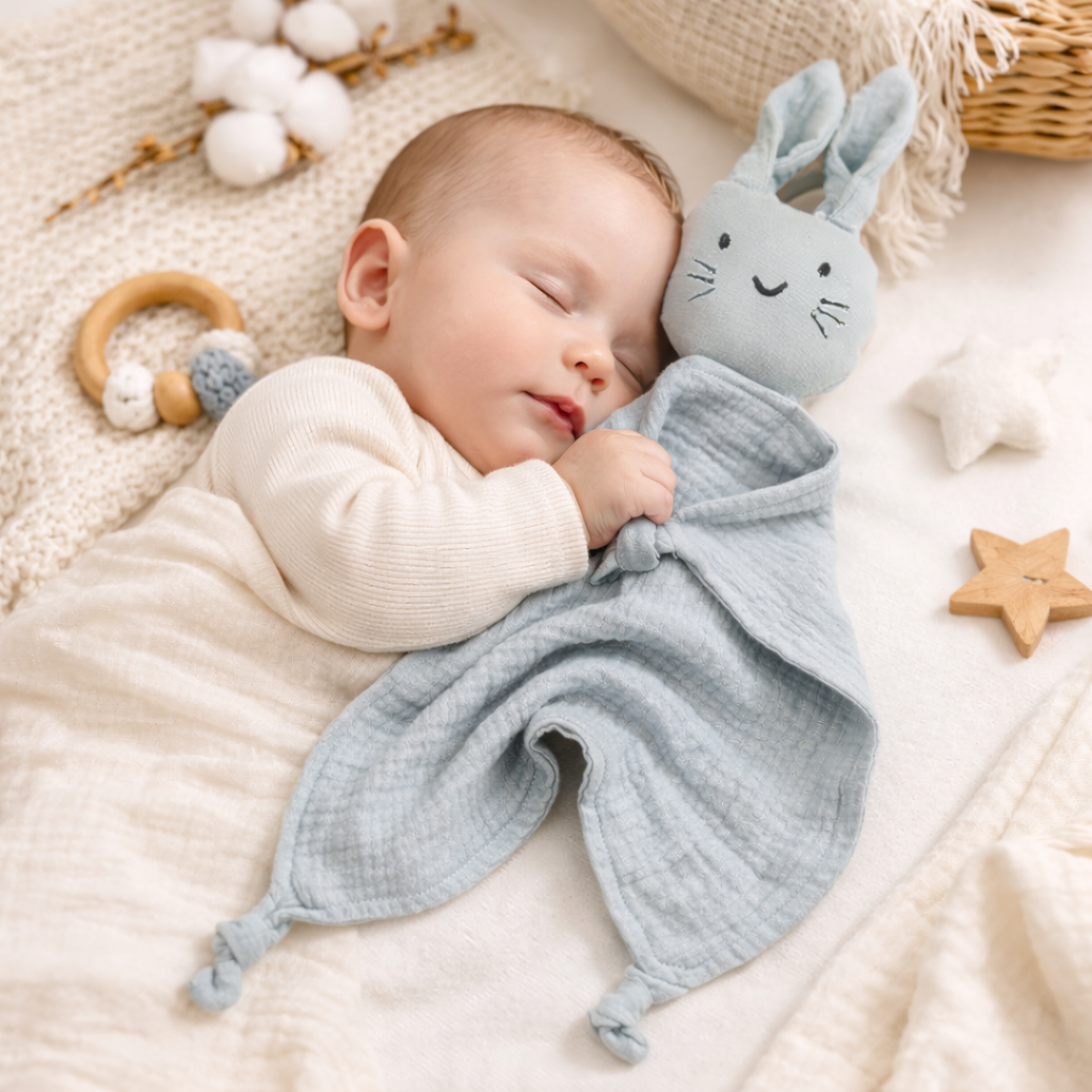 bebe qui dort enfant Doudou lapin plat en gaze de coton beige pour bébé