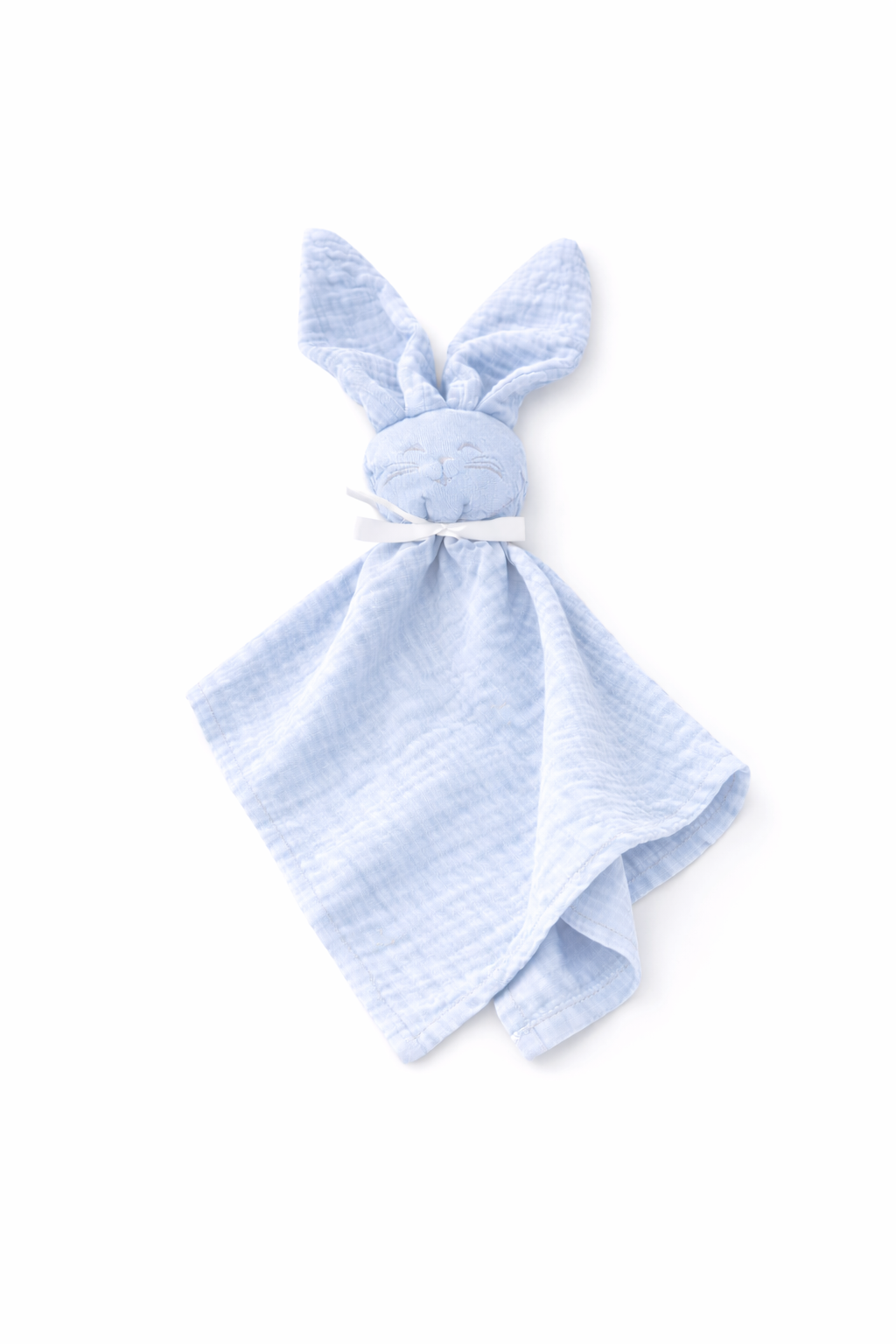 doudou bébé blanc en gaze de coton avec oreilles lapin et tissu léger bleu 