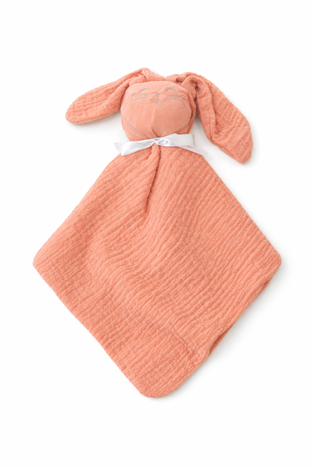 doudou bébé blanc en gaze de coton avec oreilles lapin et tissu léger rose 