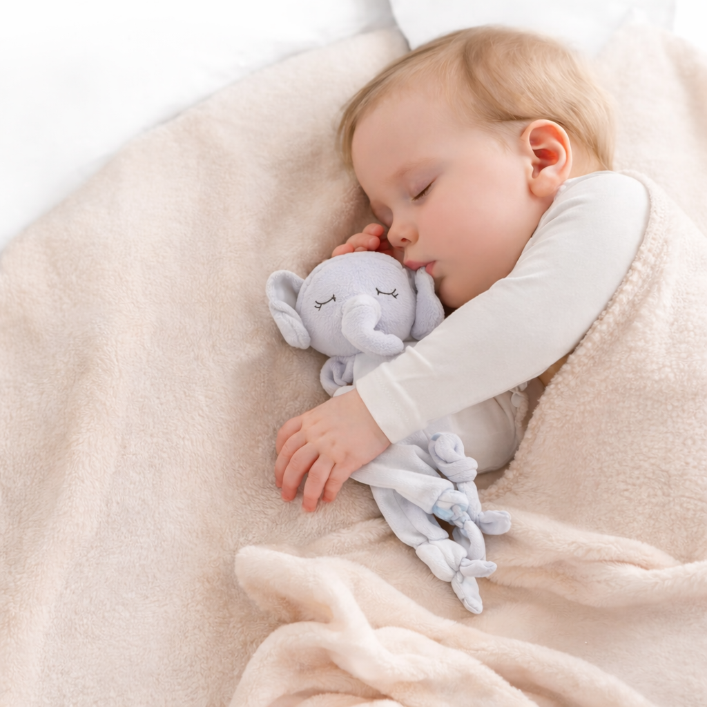 doudou  bébé  coton avec doublure pilou pilou posée dans bras de bebe, plaid doux et chaud pour chambre bébé