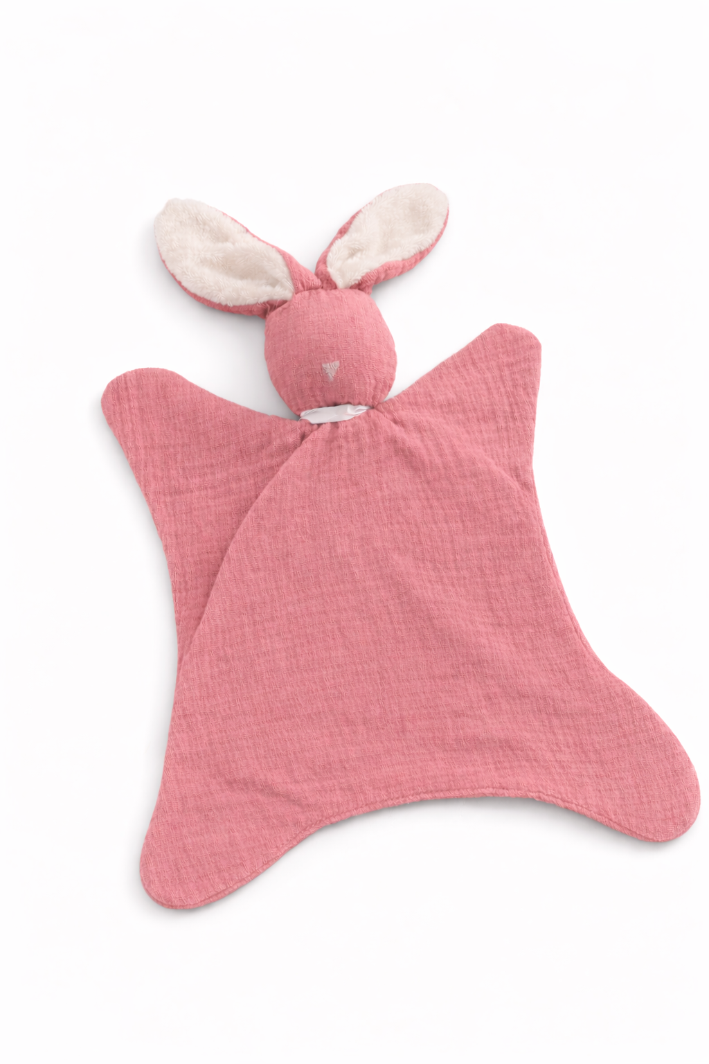 doudou bébé en gaze de coton couleur beige avec oreilles lapin rose fonce foncer 
