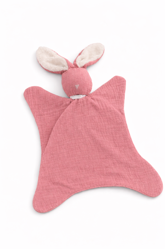 doudou bébé en gaze de coton couleur beige avec oreilles lapin rose fonce foncer 
