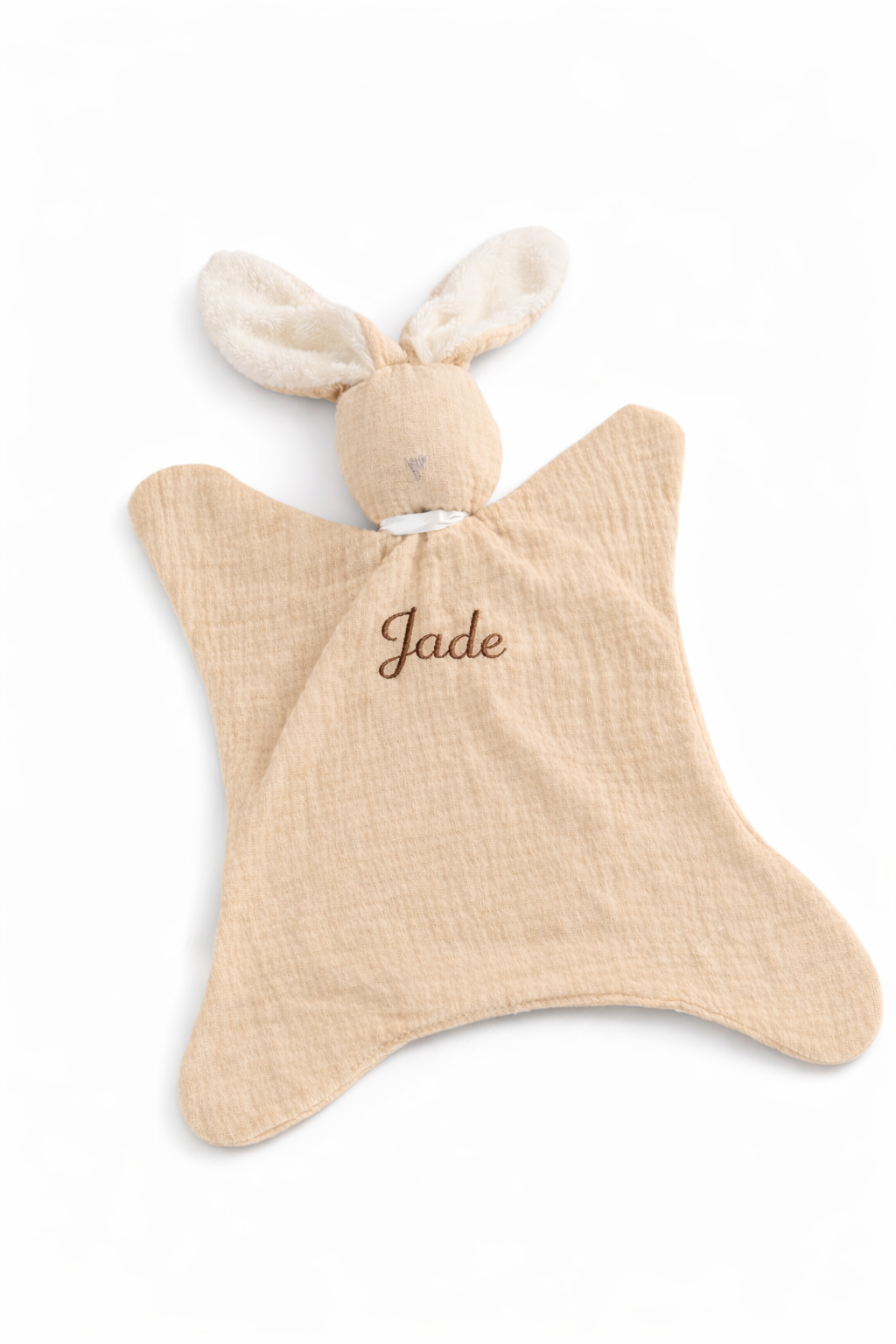 doudou bébé en gaze de coton couleur beige avec oreilles lapin rose fonce foncer broder  beige
