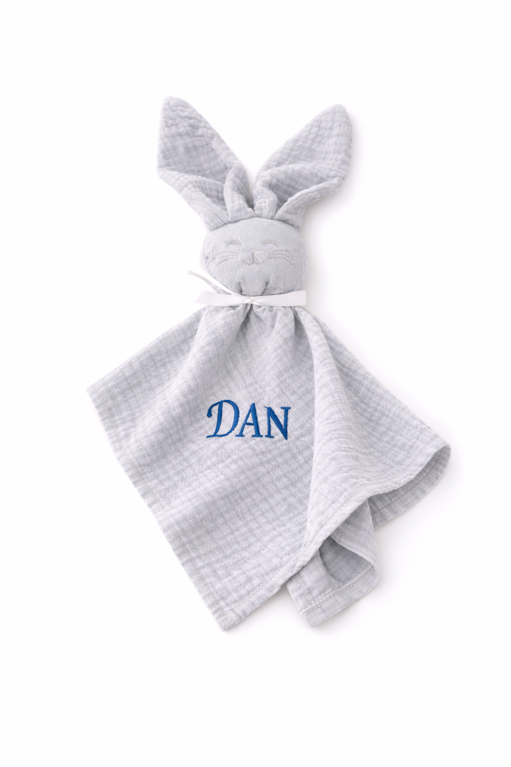 doudou bébé gris  en coton avec tête lapin et lange souple