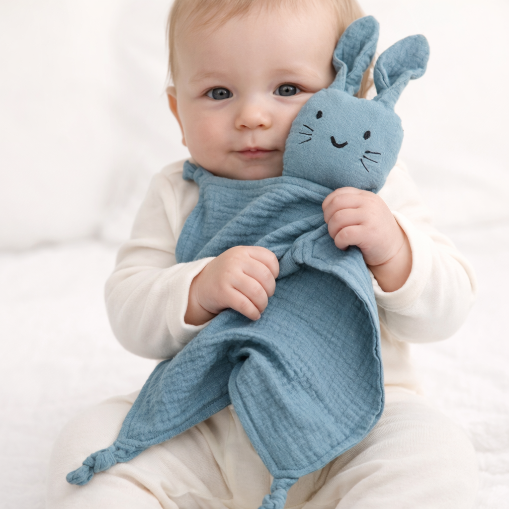 enfant avec son Doudou lapin plat en gaze de coton beige pour bébé