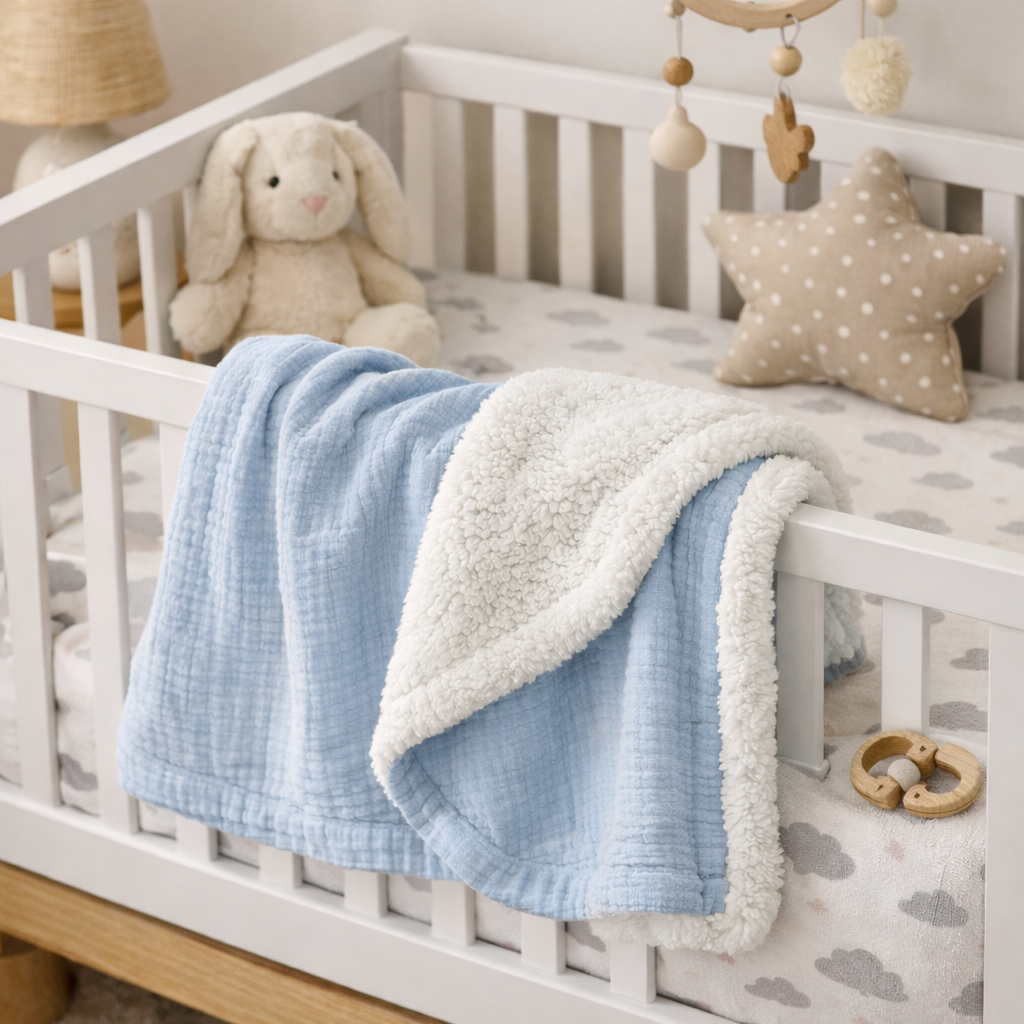 lit bebe couverture bébé blanche pliée avec matière douce et chaude bleu 