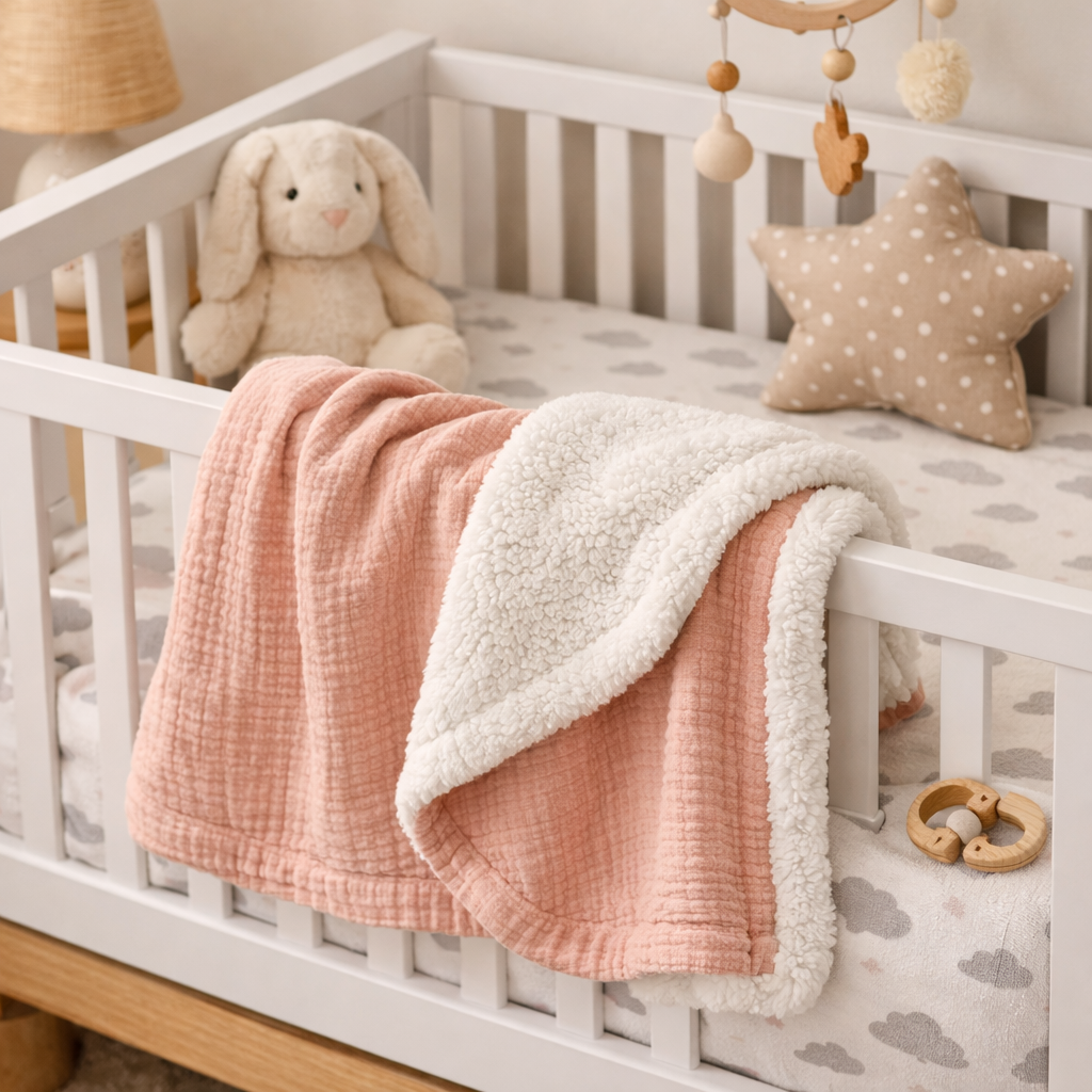 lit bebe couverture bébé blanche pliée avec matière douce et chaude rose