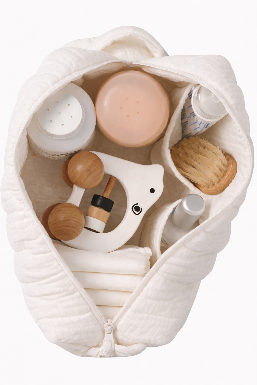 mise en scene Trousse bébé personnalisée en gaze de coton – Organisateur élégant, maternité et voyage blanc 