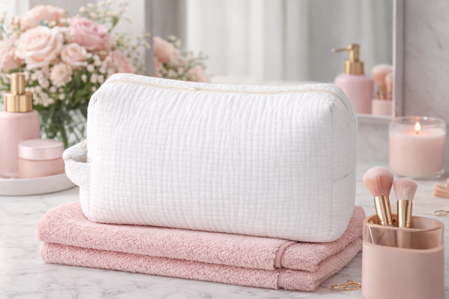 mise en scene Trousse bébé personnalisée en gaze de coton blanche – Trousse de toilette, maternité, cadeau naissance
