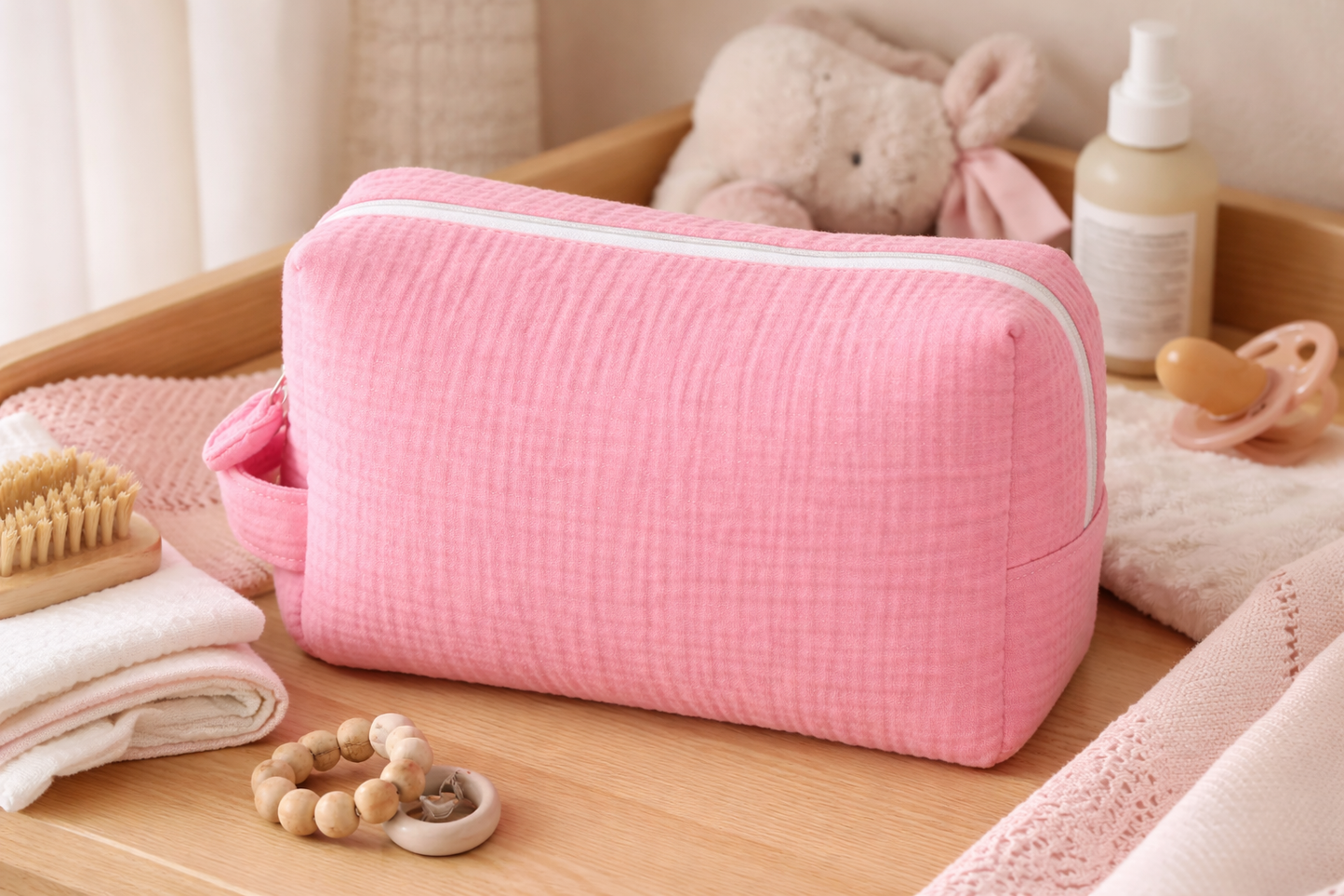mise en scene mise en scene Trousse bébé personnalisée en gaze de coton blanche – Trousse de toilette, maternité, cadeau naissance
