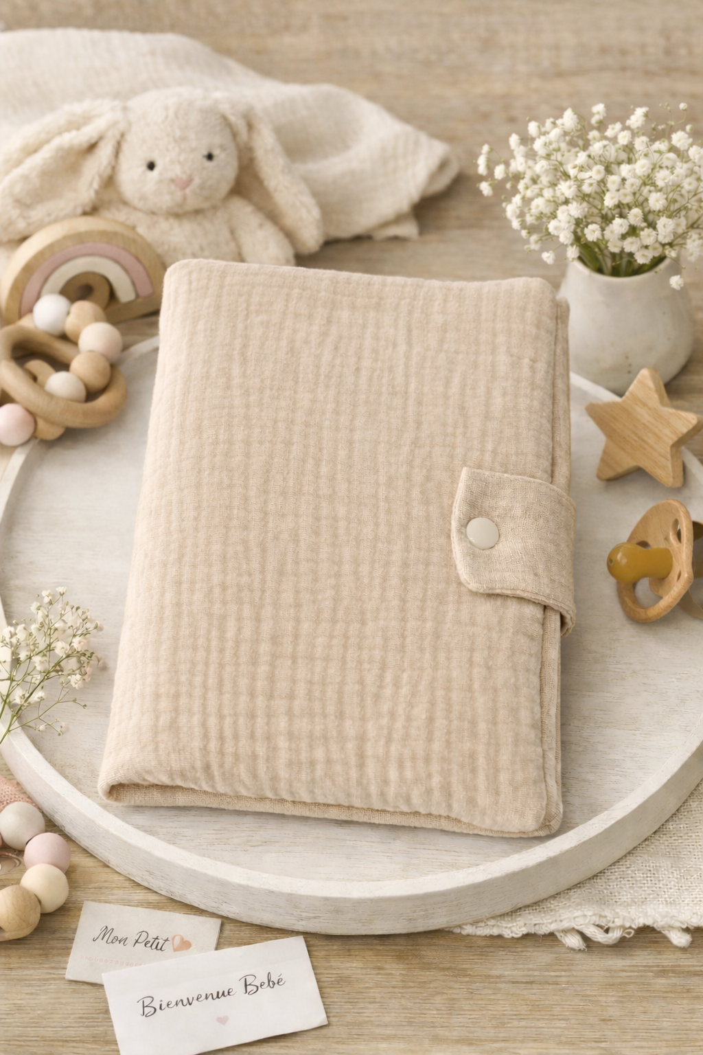 protège carnet de santé bébé en tissu doux posé avec accessoires naissance et doudou beige bois 