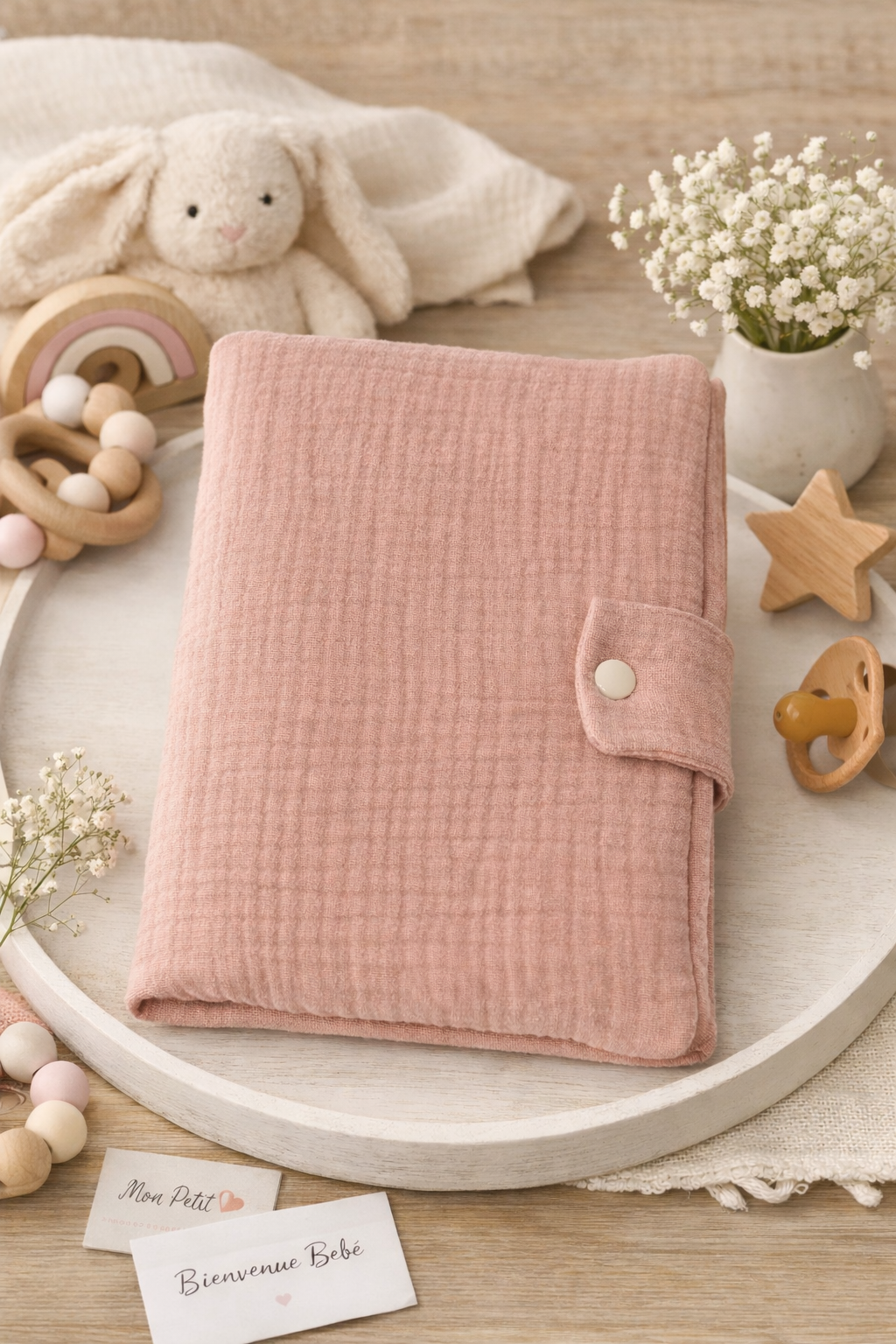 protège carnet de santé bébé personnalisé rose en tissu doux avec bouton pression